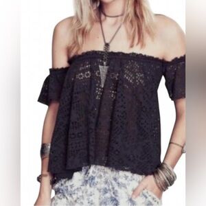 FREE PEOPLE Beach Free To Be Eyelet Off Shoulder Crop Top Black